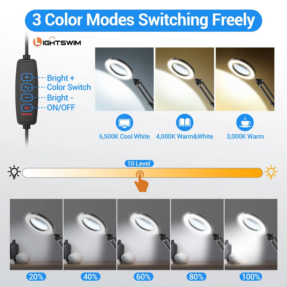 Lampada da scrivania con lente d'ingrandimento a LED 10X con morsetto, lente d'ingrandimento a mani libere con 72 LED, 3 modalità di colore, dimmerabile continuamente, include due lenti di