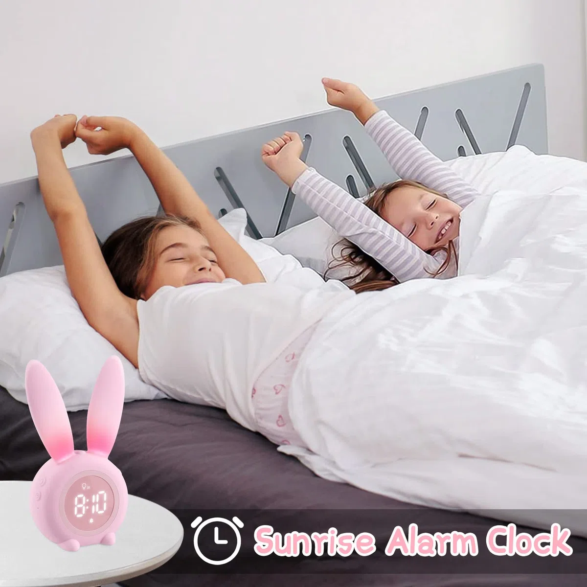 Sveglia Bambini, Carina Sveglia Coniglio comodino con Luce Notturna Funzione Snooze Timer, Ricaricabile Induzione Wake up Light - Rosa