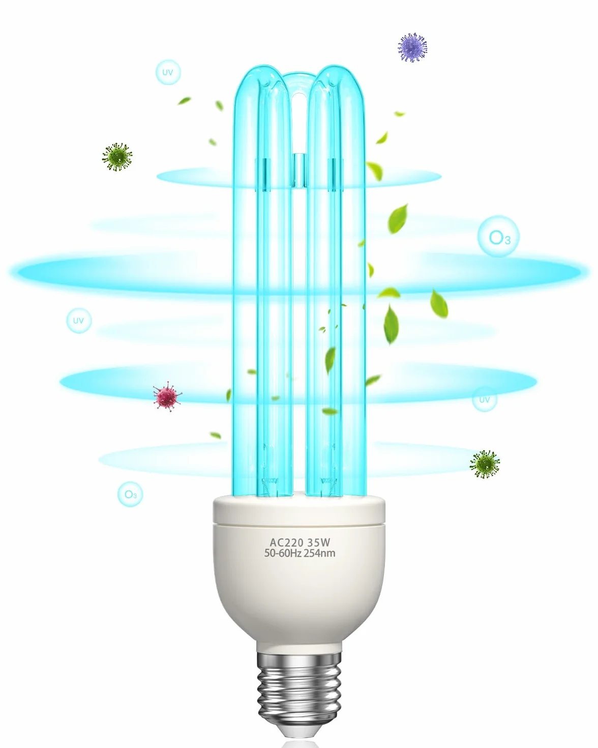 Lampada UV Ozono Lampada Germicida Raggi UVC E27 35W 254nm con Tubo al Quarzo Brine Ozono Contro Batteri Virus e Acari AC220-240V per Case, Lavatoi, Uffici, Ristoranti e Scuola Aria fresca