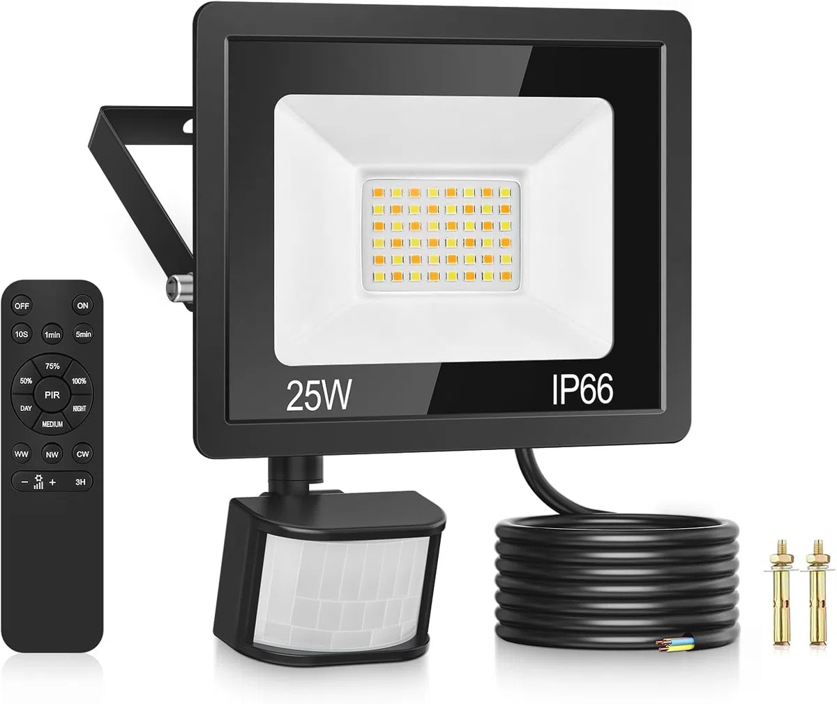 Faretto LED da Esterno con Sensore di Movimento 25W, 48 Led 3000K/4000K/6500K IP66 Impermeabile, Telecomando, 2100LM Luci Faretto LED Interno ed Esterno per Giardino, Cortile
