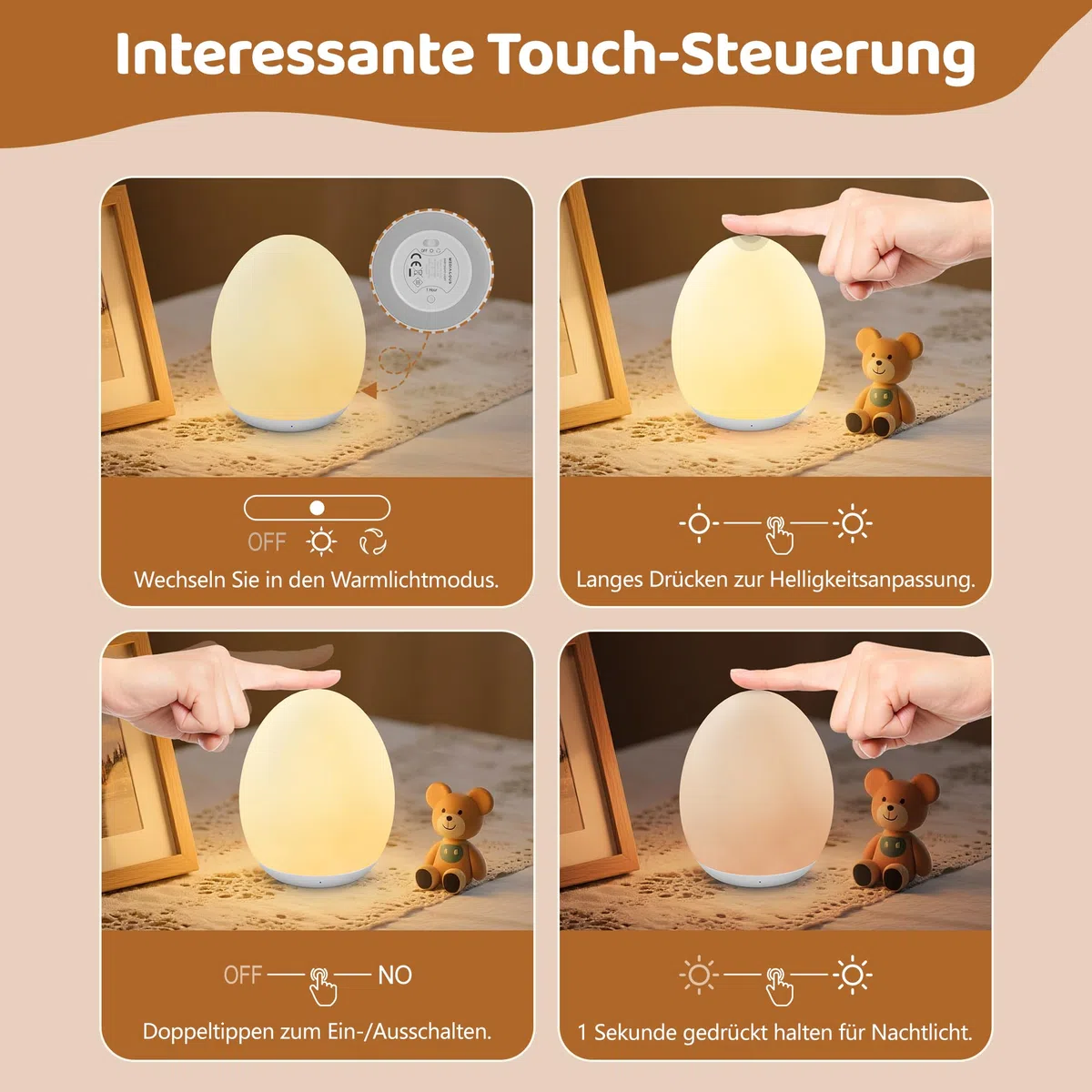MediAcous Luce Notturna LED Neonati Bambini con Timer, Luce da Allattamento con 8 Cambi di Colore e Funzione Dimmer, Luce Notturna USB Ricaricabile con Timer da 1 Ora e Controllo Touch