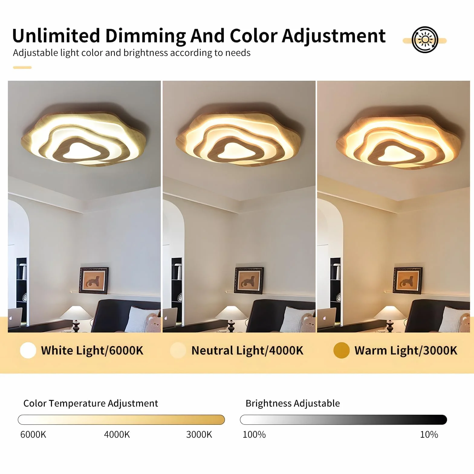 Plafoniera a LED in legno, 50 W = Ø 57 cm, 3500 lm, 3000 K-6000 K, dimmerabile, per camera da letto, soggiorno, paralume in acrilico a forma di cuore, moderna lampada da soffitto rotonda