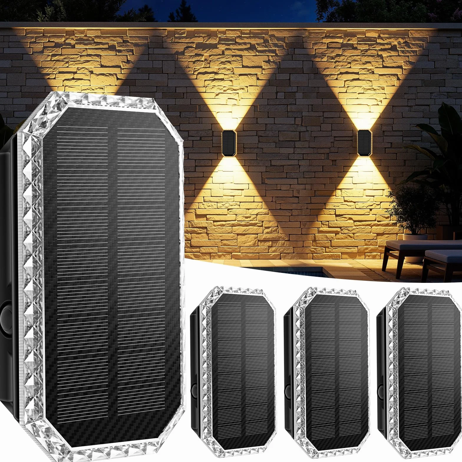 Applique Solare da Esterno, 3 Temperature di Colore Luci Solari da Esterno IP65 Impermeabili Lampade da Esterno Solari 1200mAH Batteria per Patio, Portico, Piscina, Balcony Decoration (4 Pezzi)