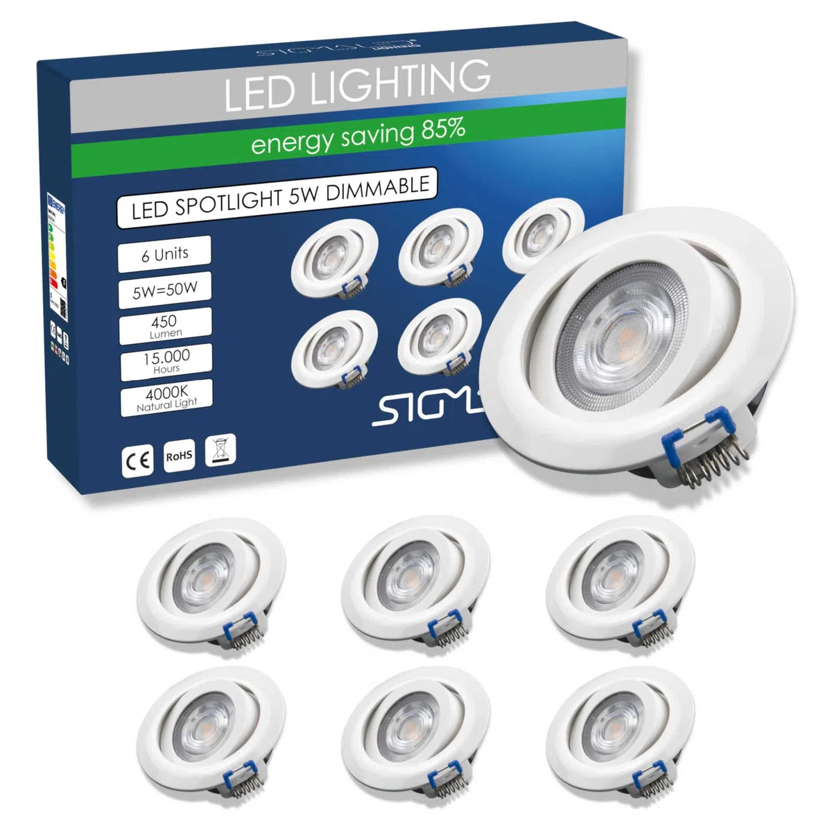Sigmaled lighting, 6 Faretti Led da Incasso per Cartongesso, 5W Dimmerabili 450lm, Spot a Luce Naturale 4000K, Cucina, Casa, Faretti Led Soffitto per Interno, 220V-240V AC, Faretto con Foro Ø70-80mm