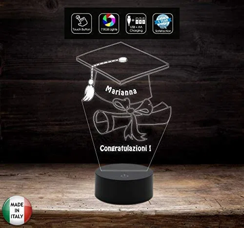 Generico Idea Regalo Laurea Lampada LED 7 Colori Tocco Personalizzabile con Nome da Scrivania in Acrilico e ABS