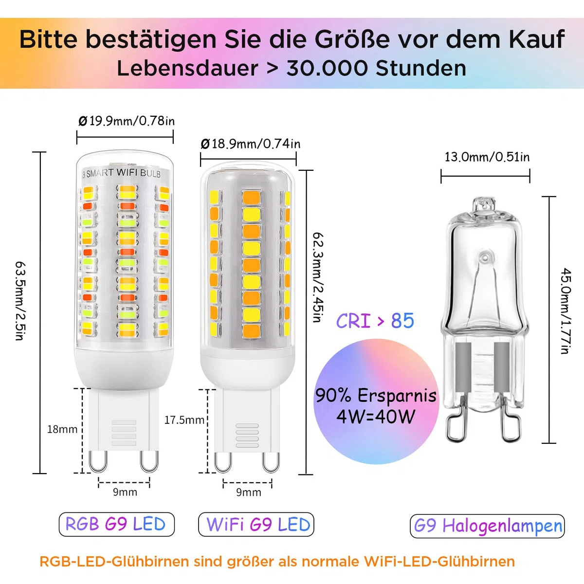 Wi-Fi RGBCW Smart G9 lampadine LED, compatibile con Alexa /Google Home, AC 230V Multicolore dimmerabile, 2700K-6500K, luminosità regolabile 1%-100%, 4W, 400LM, con sincronizzazione musicale Lampadina