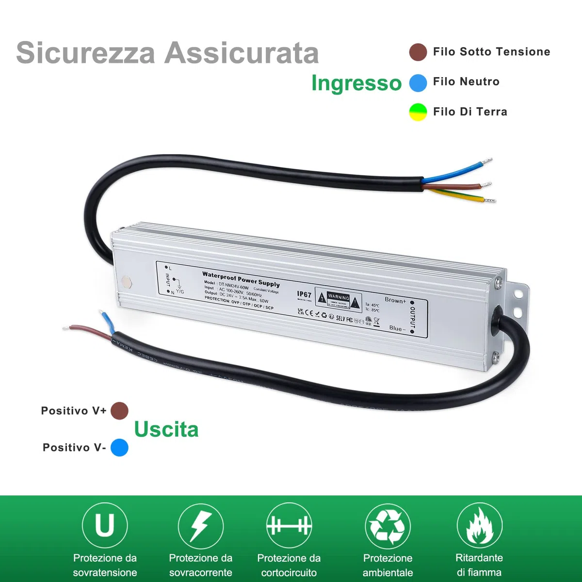 REYLAX Trasformatore LED 24V 60W Alimentatore 2.5A Impermeabile IP67 Driver LED AC 100-260V a DC 24V Trasformatori da Esterno Adattatore Led a Tensione Costante Power Supply Bassa Tensione