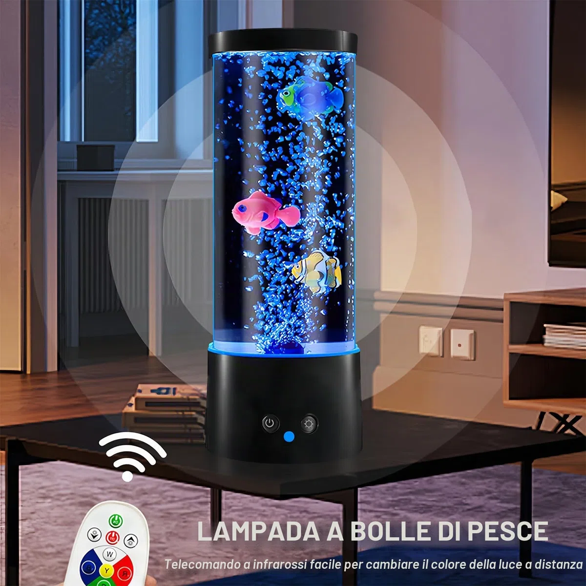 Lampada Lavica a Bolla Con Pesce - Telecomando, 16 Colori e 4 Modalità - Acquario d'Atmosfera LED Con Cavo USB per Casa, Camera da Letto