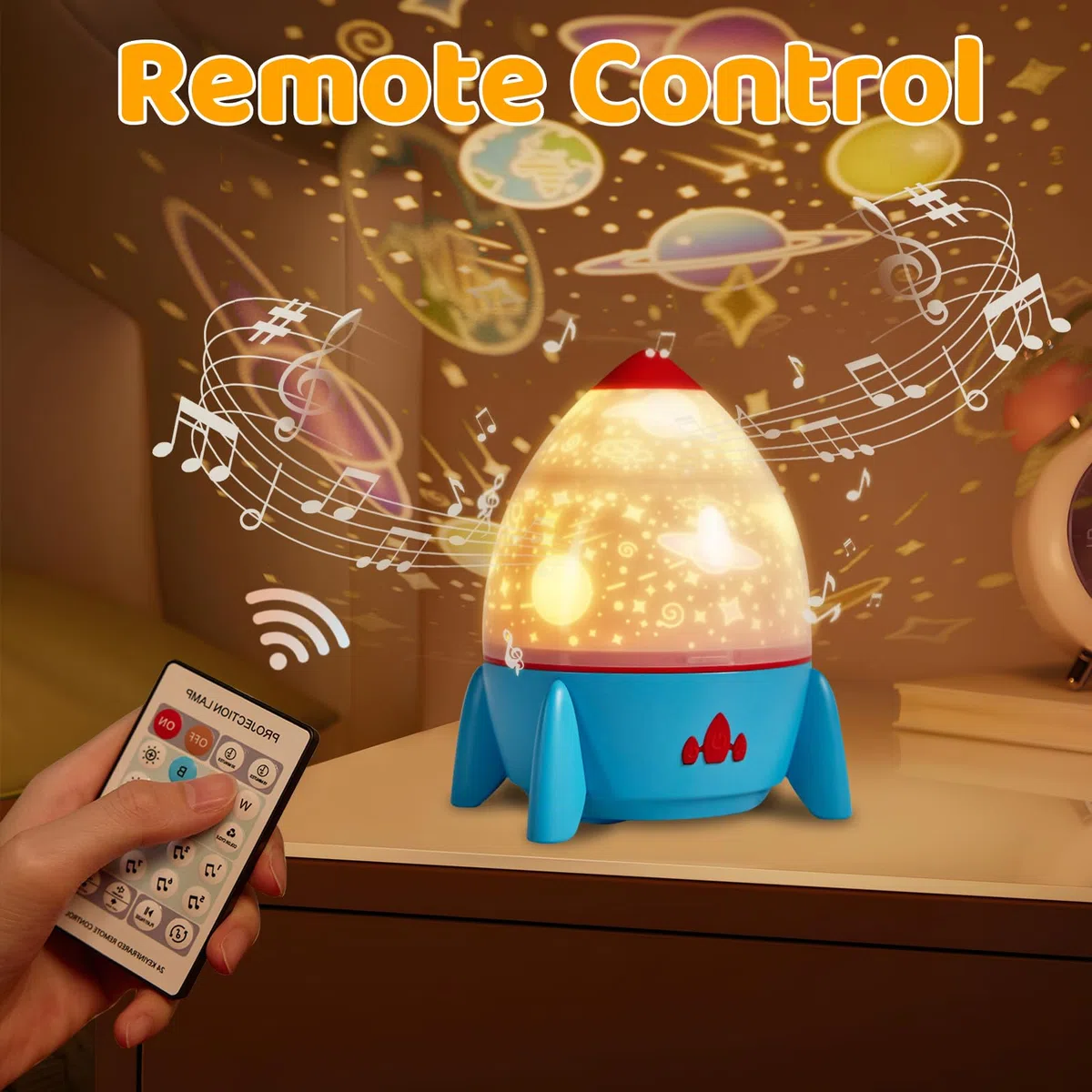 Luci Notte per Bambini, 360°Rotazione Musicale Razzo Luce Notturna Bambini Proiettore, 8 Modelli+Telecomando+Timer, USB Ricaricabile Proiettore Stelle Soffitto, Regalo di Compleanno Regalo di Natale