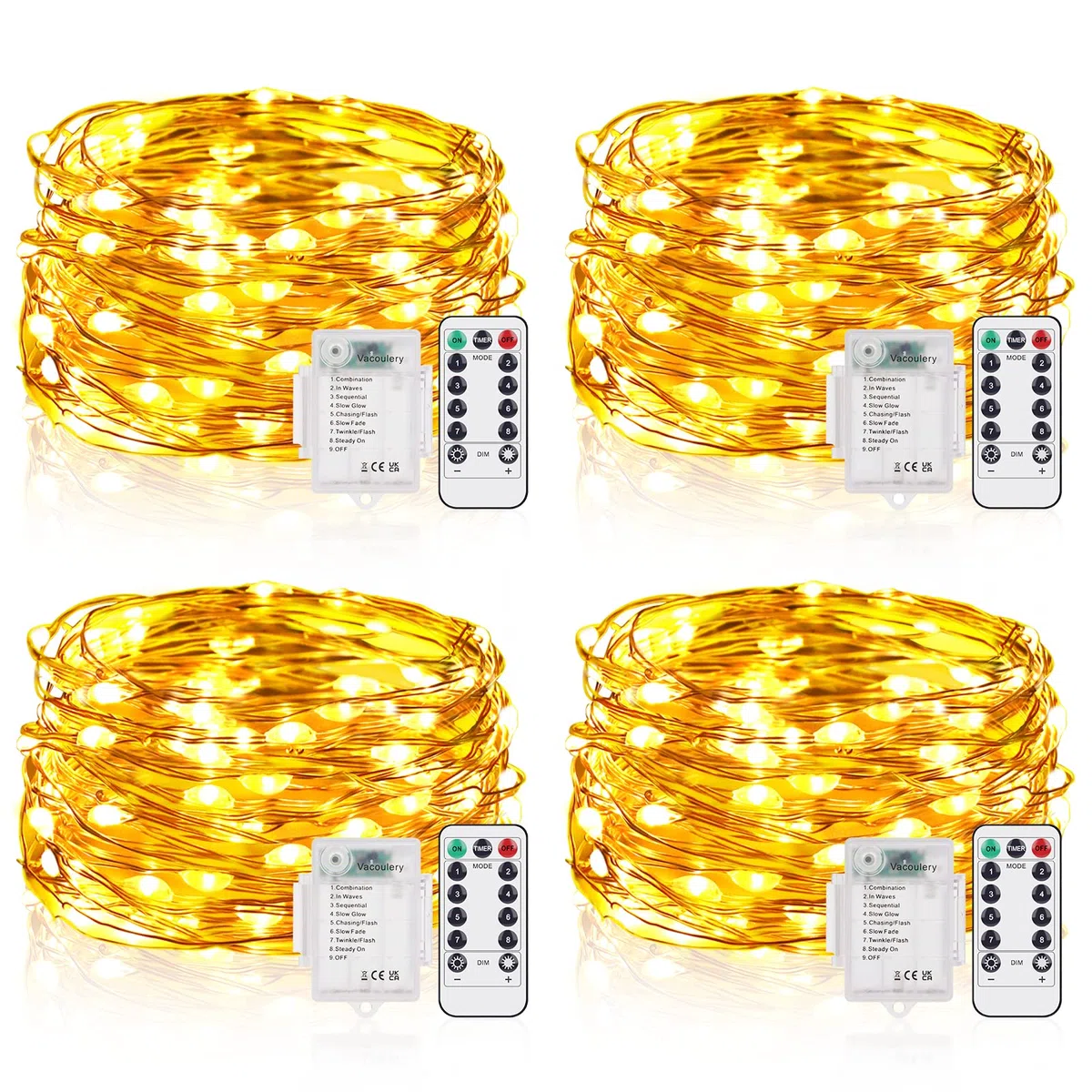 Luci Led a Batteria, 5M 50 LEDs 8 Modalità Lucine led Decorative IP65 Impermeabile con Telecomando, Timer e Dimmer per Interni e Esterni, Natale, Feste, Camera (4 Pezzi, Bianco Caldo)