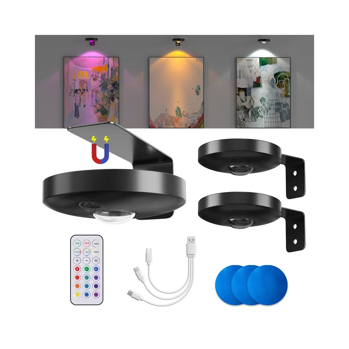 3 Pezzi Luce per Quadri Senza Fili con Telecomando Luci per Quadri Senza Fili Ricaricabili con Timer, 12 colori RGB LED Luce per Quadri a Batteria, Magnetic Painting Light per Cornici Cucine Vetrina