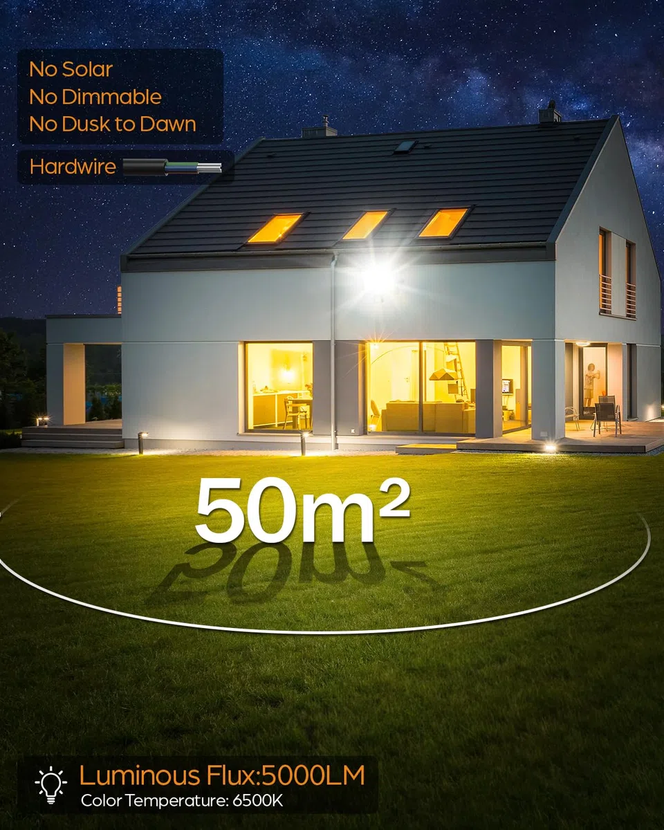50W 5000LM Faretto LED da Esterno con Sensore di Movimento 1 Pezzi, 6500K Bianco Freddo Impermeabile IP67 Faretto Faro LED Esterno con Sensore Movimento per Cortile, Giardino
