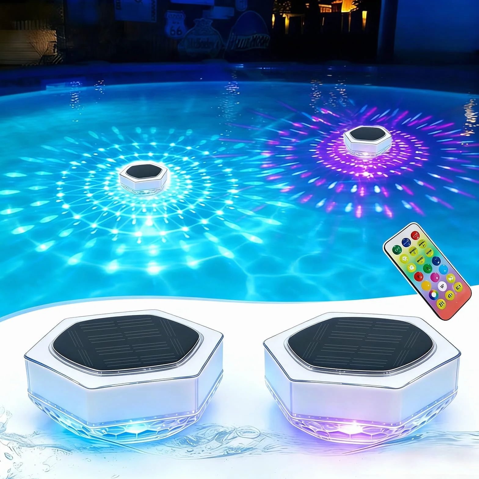 2 Pezzo Luci Galleggianti per Piscina Solari, Luci Piscina Fuori Terra con Telecomando, 3 RGB Moda, 7 Colori, Timer, IP68 Impermeabile Luce Galleggianti per Laghetto Stagno Giardino Spa Vasca