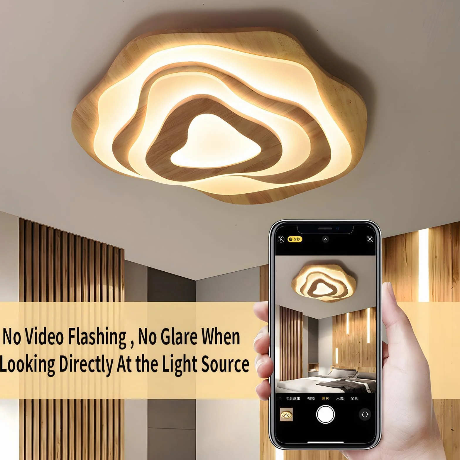 Plafoniera a LED in legno, 50 W = Ø 57 cm, 3500 lm, 3000 K-6000 K, dimmerabile, per camera da letto, soggiorno, paralume in acrilico a forma di cuore, moderna lampada da soffitto rotonda