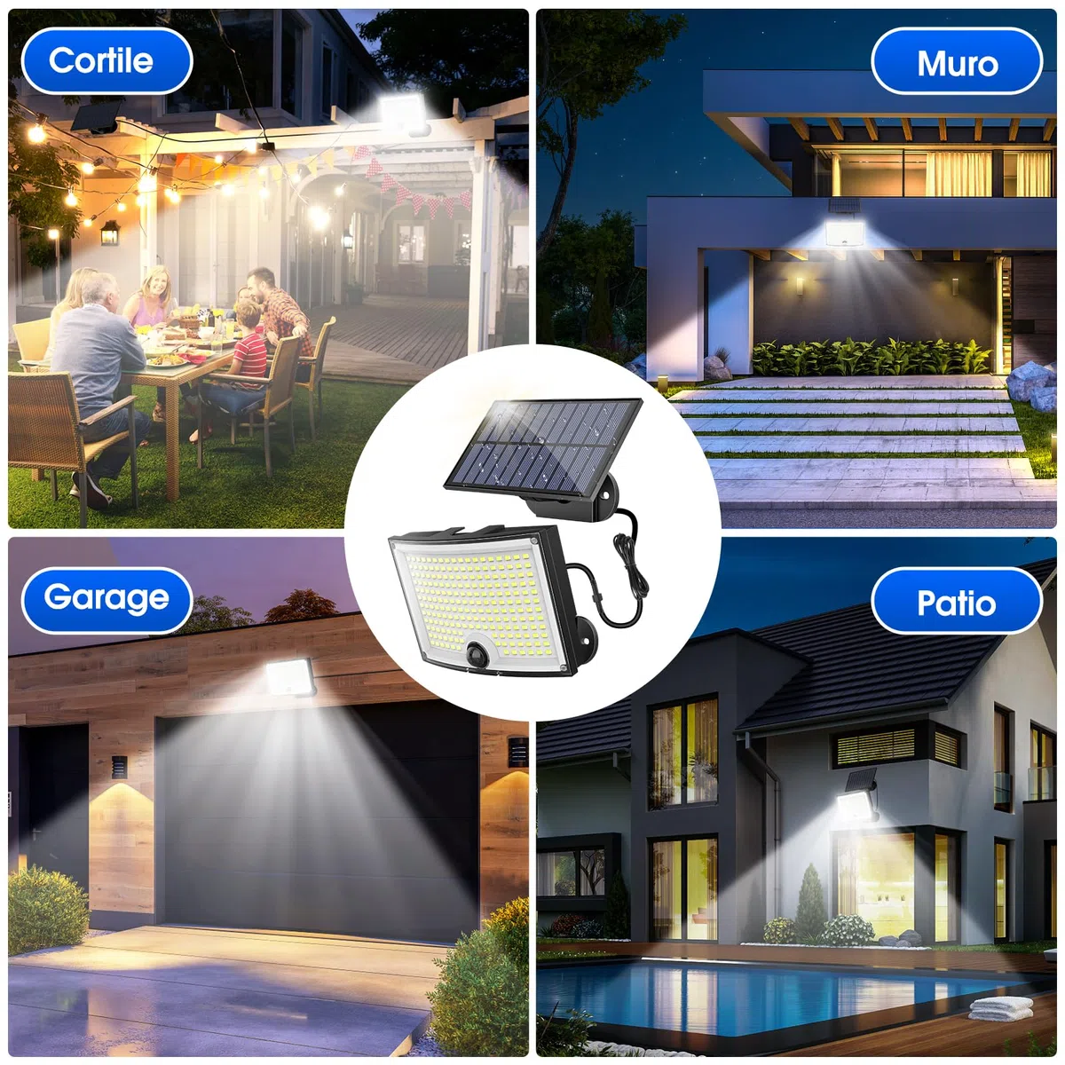 Faretto LED da Esterno Solare, Luce Solare LED Esterno 202 LED 3Modes Faro LED Esterno con Pannello Solare con Sensore di Movimento Impermeabile IP65 da Terra, Giardino 5M Cavo 2 Pezzi