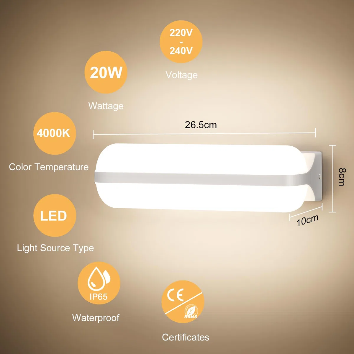 VivaLet Applique da Esterno/Interno 20W 2000LM, Illuminazione Up & Down Lampada da Parete a Parete, 4000K IP65 Luce da Esterno per Ambienti Umidi, Balcone, Bagno, Corridoio, Cantina, Giardino, WC