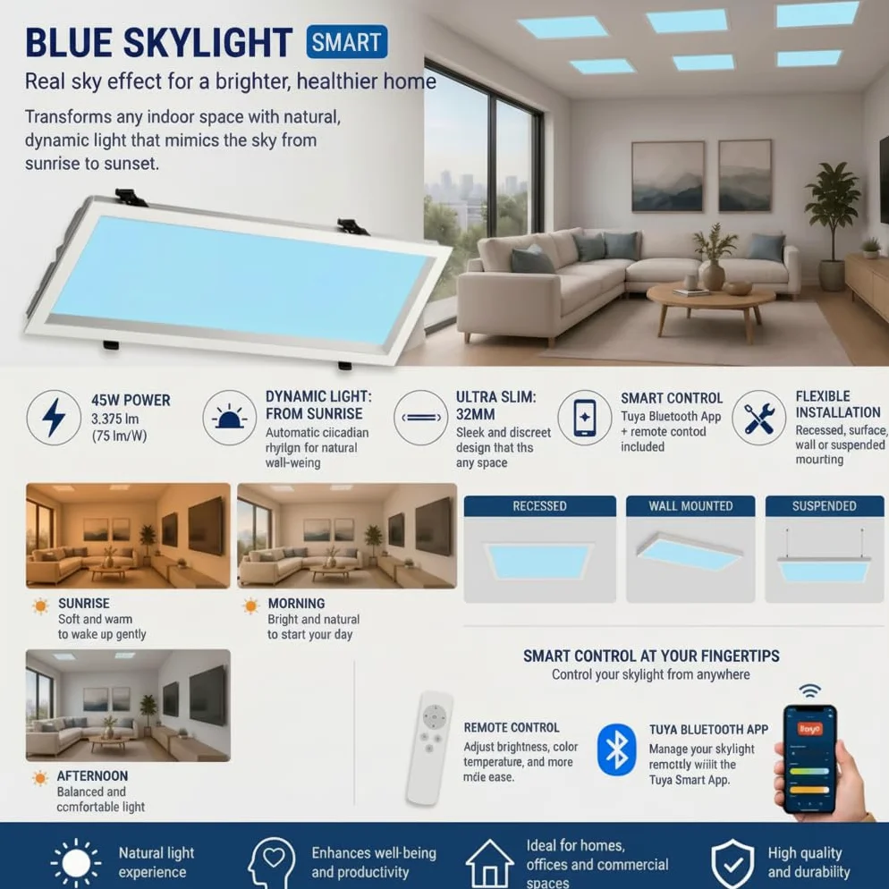 Barcelona - Pannello LED effetto cielo SKYWIN SR SMART 45 W 3375 lm 60 x 30 cm | CCT 1800 K-20000 K | Luce circolare intelligente | Controllo Tuya Bluetooth + Telecomando | Pannello Skylight Ultraslim