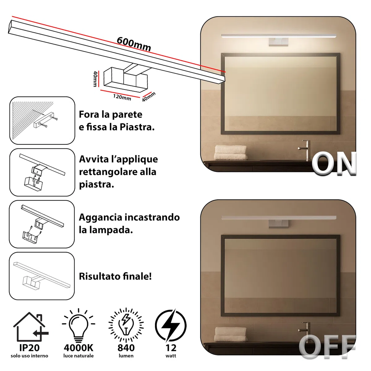 MAKA Luce Specchio Bagno LED 12W 840 Lumen, Lampada Bagno Specchio 4000K, Applique Specchio Bagno 60 cm Bianco/Nero IP20, Illuminazione Bagno per Make-Up e Rasatura (Nero, 4000K)