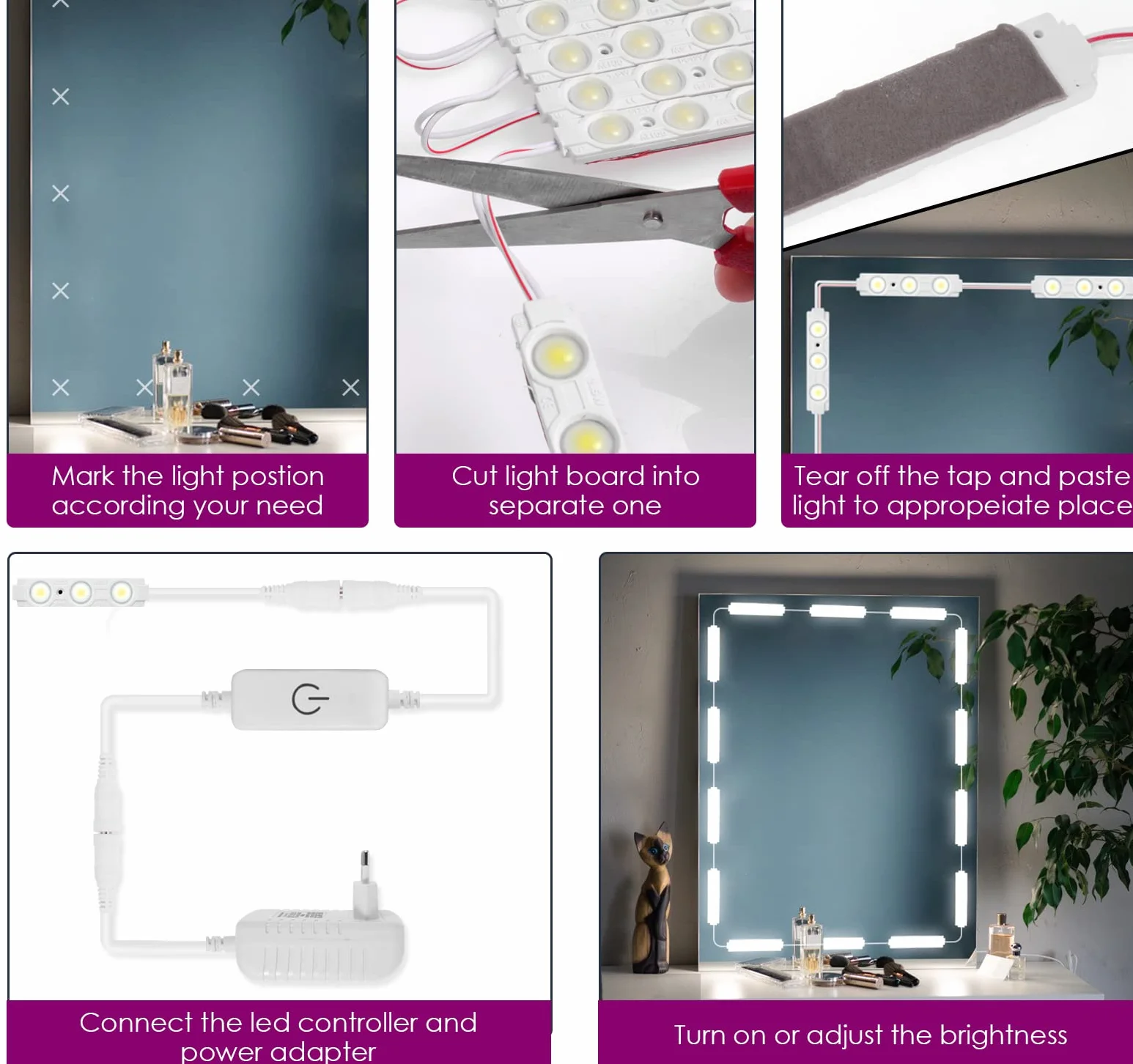Viugreum Luci da Specchio Dimmabili LED, 60 Luci per Make Up, 1200LM Bianco Freddo 6000K Trattamento Anti-Umidita’Kit Luci da Camerino con Dimmer