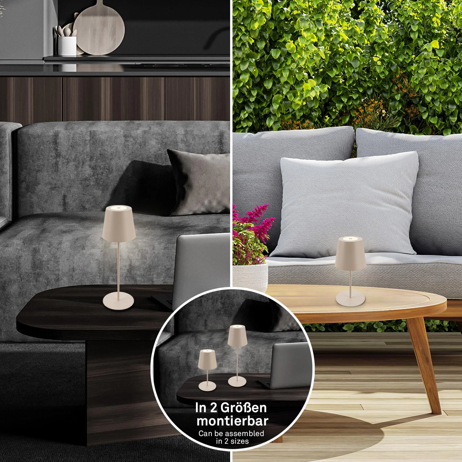 BRILONER - Set di 2 lampade da tavolo LED senza fili con touch, dimmerabili a livelli, regolabili in altezza, lampada da scrivania senza fili, lampada ricaricabile, comodino, 12x36 cm, beige