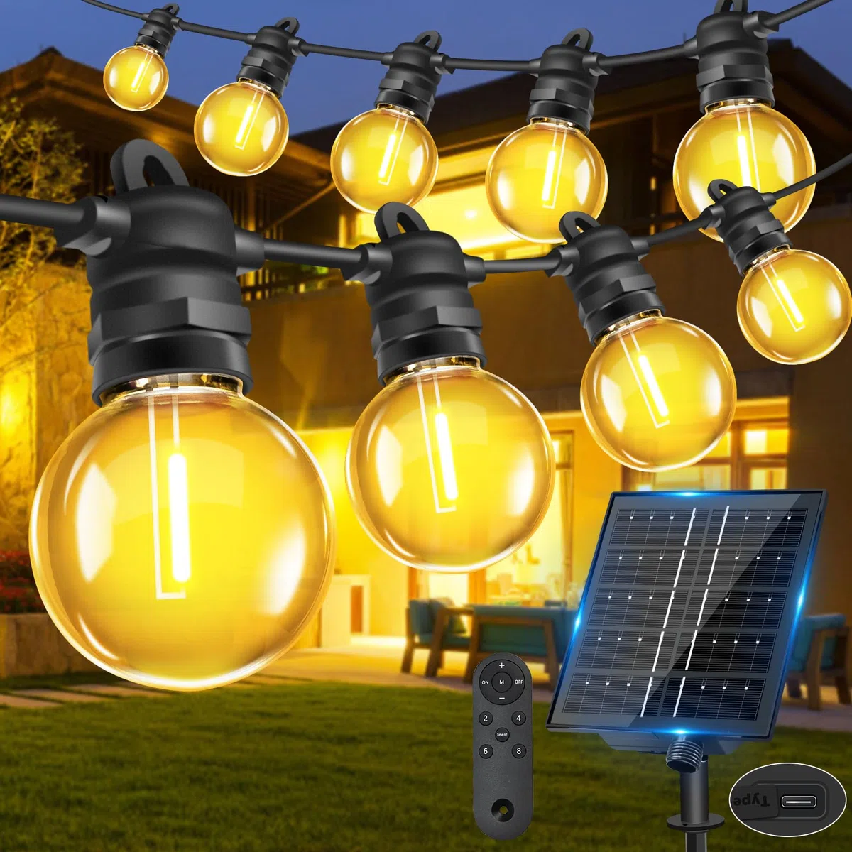 Bowfar Catena Luminosa Esterno Solare, 15M 25 + 2 G40 Lampadine Luci Solari da Giardino con Telecomando, Impermeabile IP68 Luci Gazebo Solari per Balcone, Terrazza, Feste, Giardino, Patio, Matrimonio