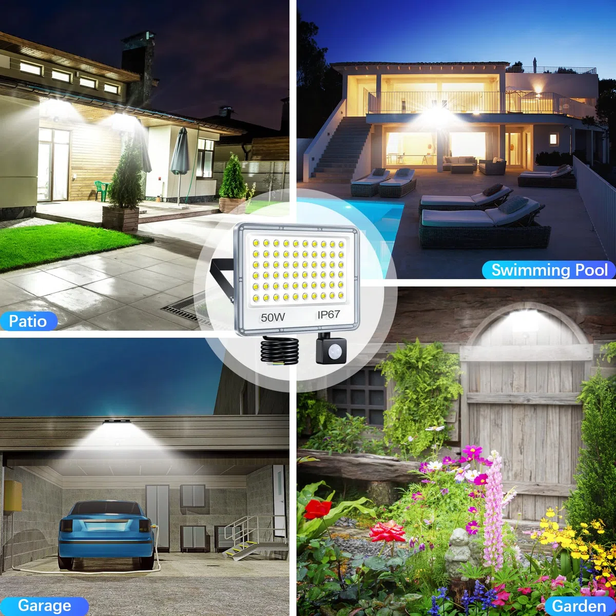 Faretto con Sensore di Movimento 50W, 5000LM 6500K Bianca Fredda Faro LED Esterno con Sensore Movimento, Impermeabile IP67 Luce LED Esterno per Giardino, Terrazza, Garage, Cortile