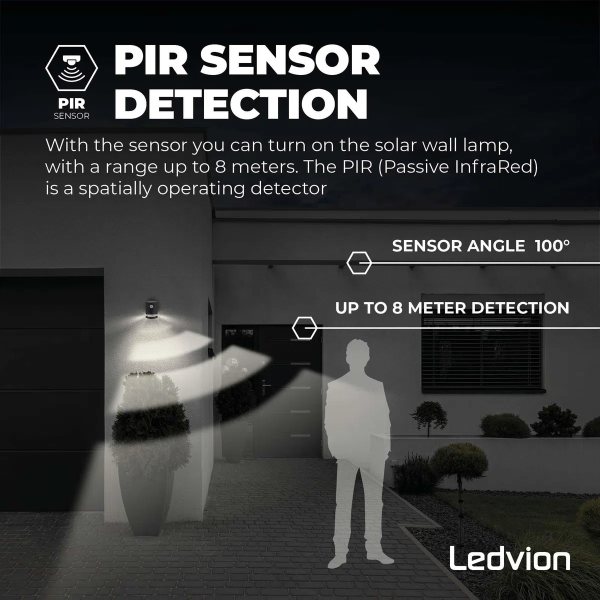 Ledvion - Lampada da Parete LED Solare con Sensore, 3000K, IP44, Nera, Elara, Lampada da Esterno, Luce Atmosferica, Illuminazione da Giardino
