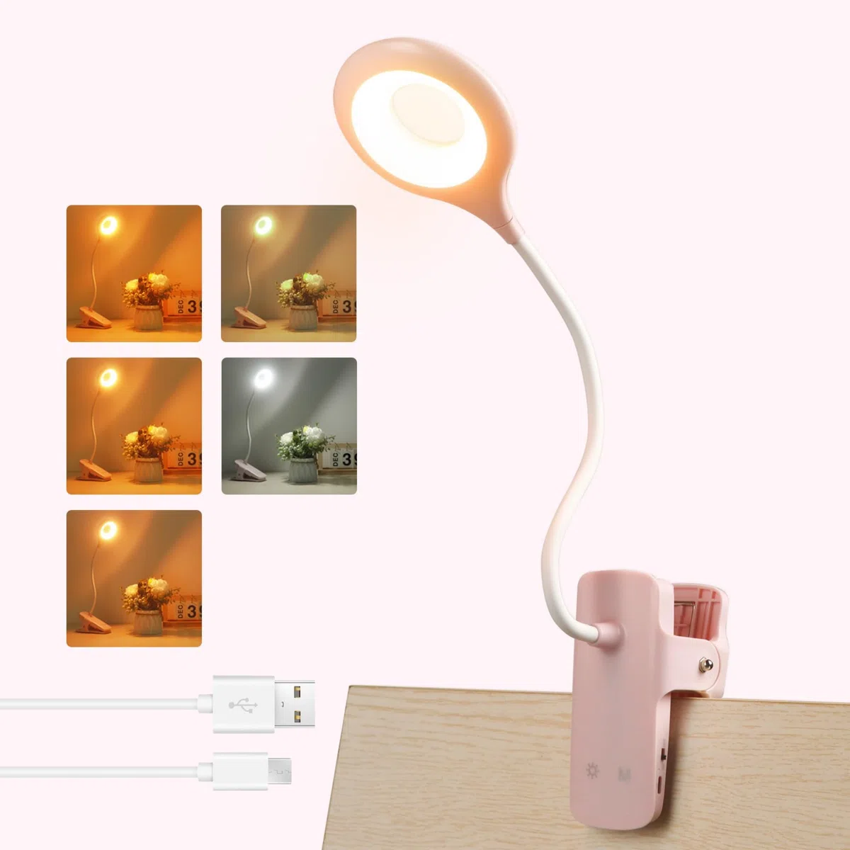 Akynite 3W Luz Lectura Rosa Recargable sin Cable, Cargo Tipo C, 5 Colores y 5 Brillo, 28 LED Lámpara de Cama con Pinza, Luz Escritorio Táctil con Pilas, Luz Libro Portátil para Leer, Luz Pinza