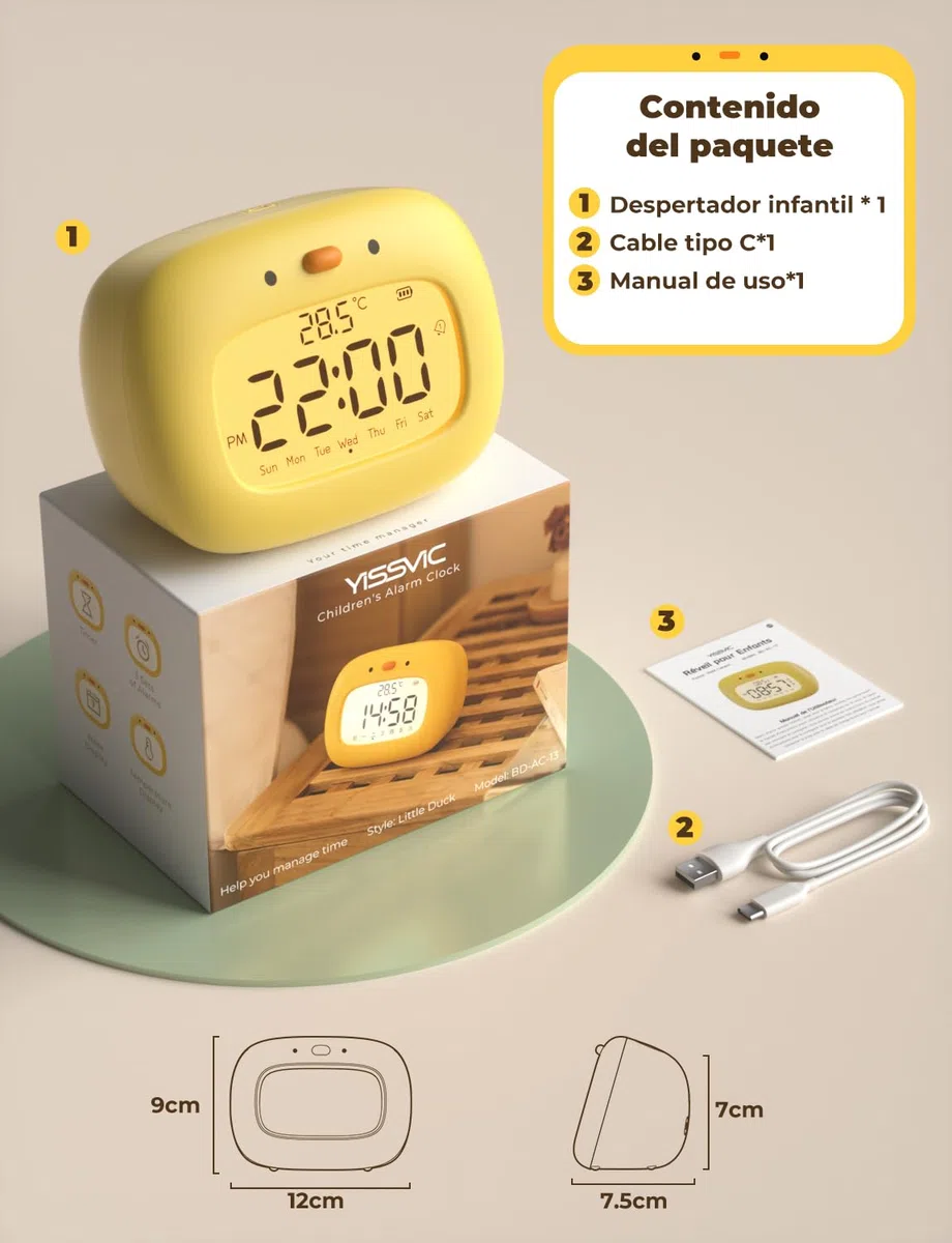 YISSVIC Sveglia per bambini, sveglia da mattina digitale, 3 allarmi/12/24 ore/Snooze/Timer/Display della settimana, Tipo C, ricaricabile, per bambini adulti, forma anatra
