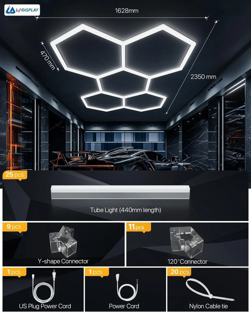 Lampada da garage a LED esagonale, confezione da 25 luci a LED esagonali da 200 W 30000LM 6500K per garage, cantina, magazzino, salone di bellezza per auto, negozio di dettagli per auto, ecc