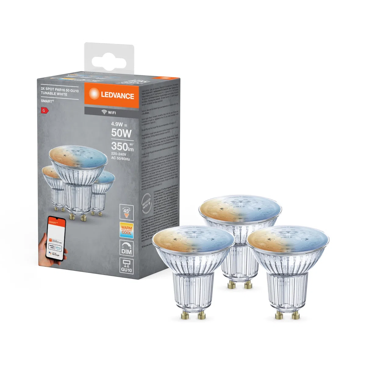 LEDVANCE Lampada con riflettore a LED intelligente con tecnologia WiFi, base GU10, colore della luce variabile (2700-6500K), dimmerabile, sostituzione per 40W, SMART+ WIFI SPOT GU10, confezione da 3