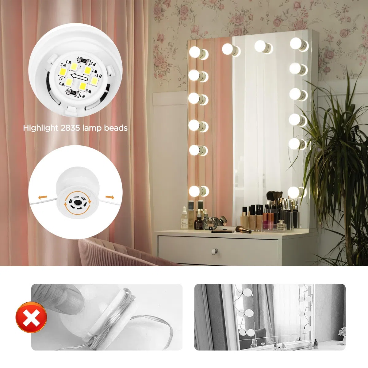 Luci Trucco, Kit di 14 Lampadine Hollywood LED Dimmerabile con Adattatore, Specchio Hollywood Dimmerabile con 3 Colori e 10 Intensità per Parrucchiere