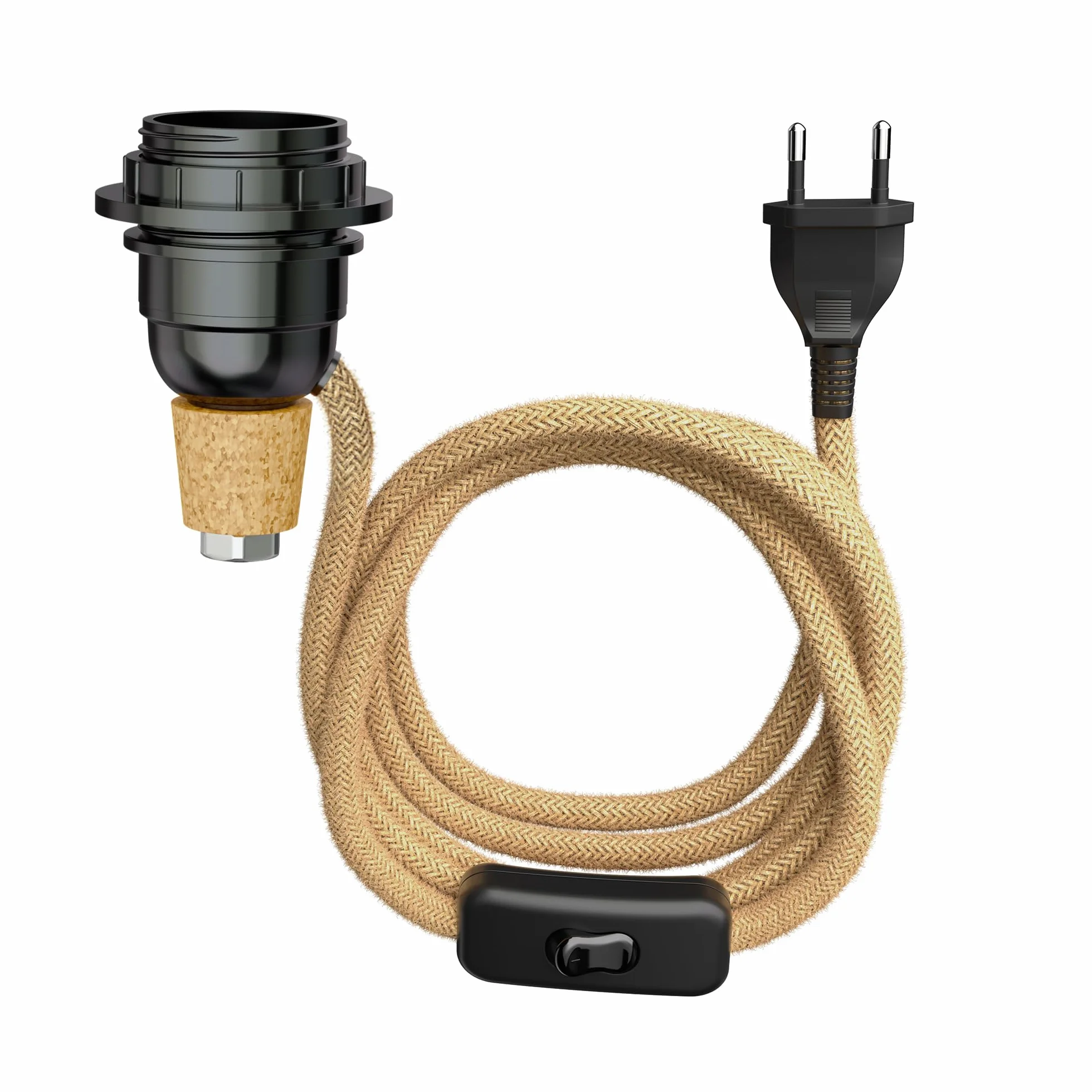 ledscom.de Lampada da tavolo in sughero FLAKO con interruttore e cavo tessile, canapa, beige naturale, 1x E27 max. 60W, senza bottiglia, senza lampadina