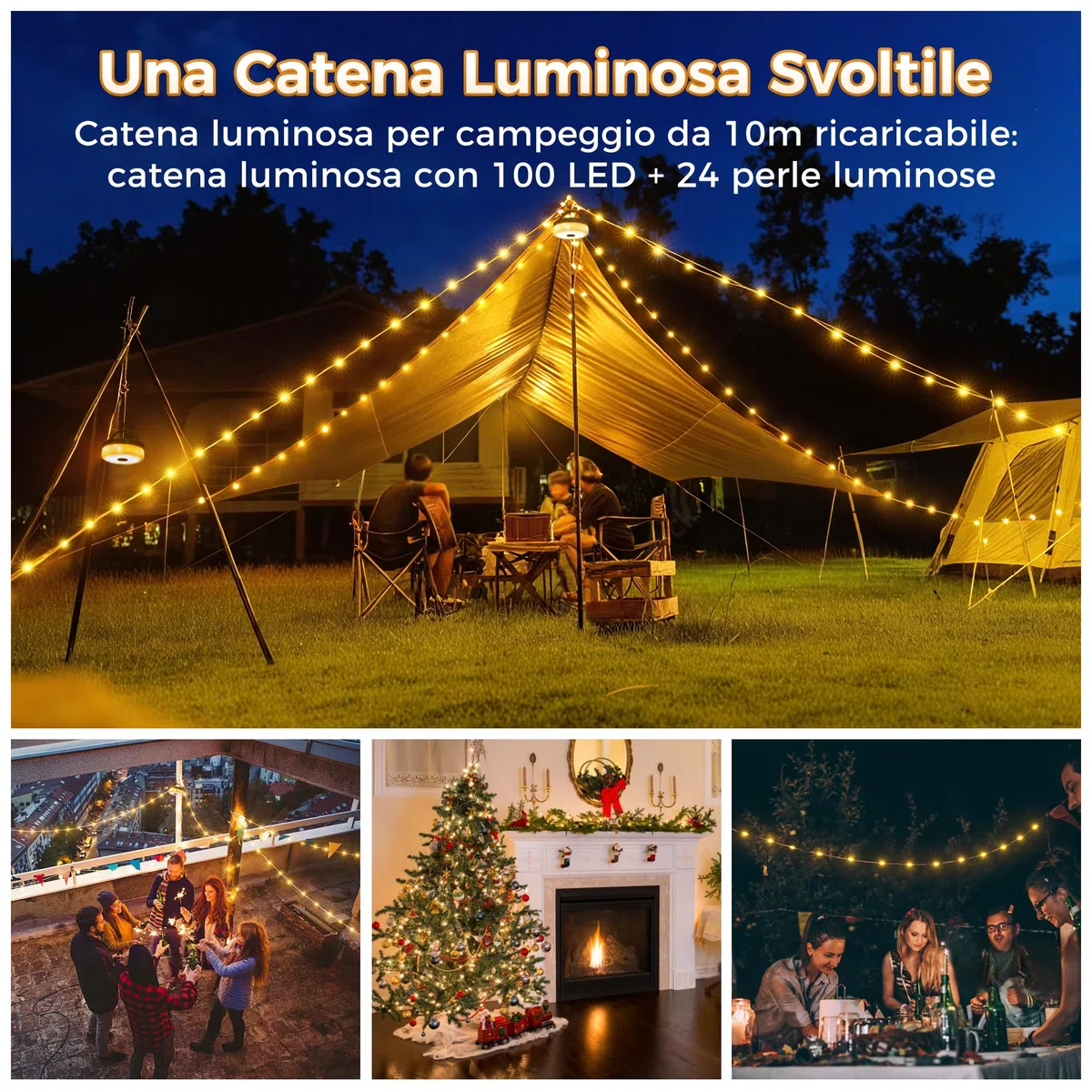 HeiPard Luci Catena Luminosa da Esterno da Campeggio Avvolgibile 10 M 100 LED, 8 Modalità, Timer, Portatile Impermeabile Luci LED da Esterno Ricaricabili USB per Campeggio, Esterni, Balcone, Giardino