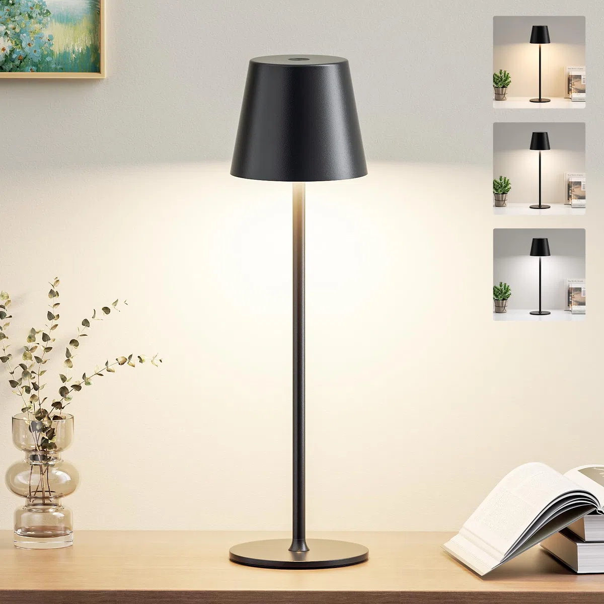 Lampada da Tavolo Senza Fili LED Dimmerabile, 3 Modalità di Colore, Lampada da Comodino Touch Ricaricabile per Camera da Letto, Soggiorno, Campeggio all'aperto Esterno Verande(Nero)