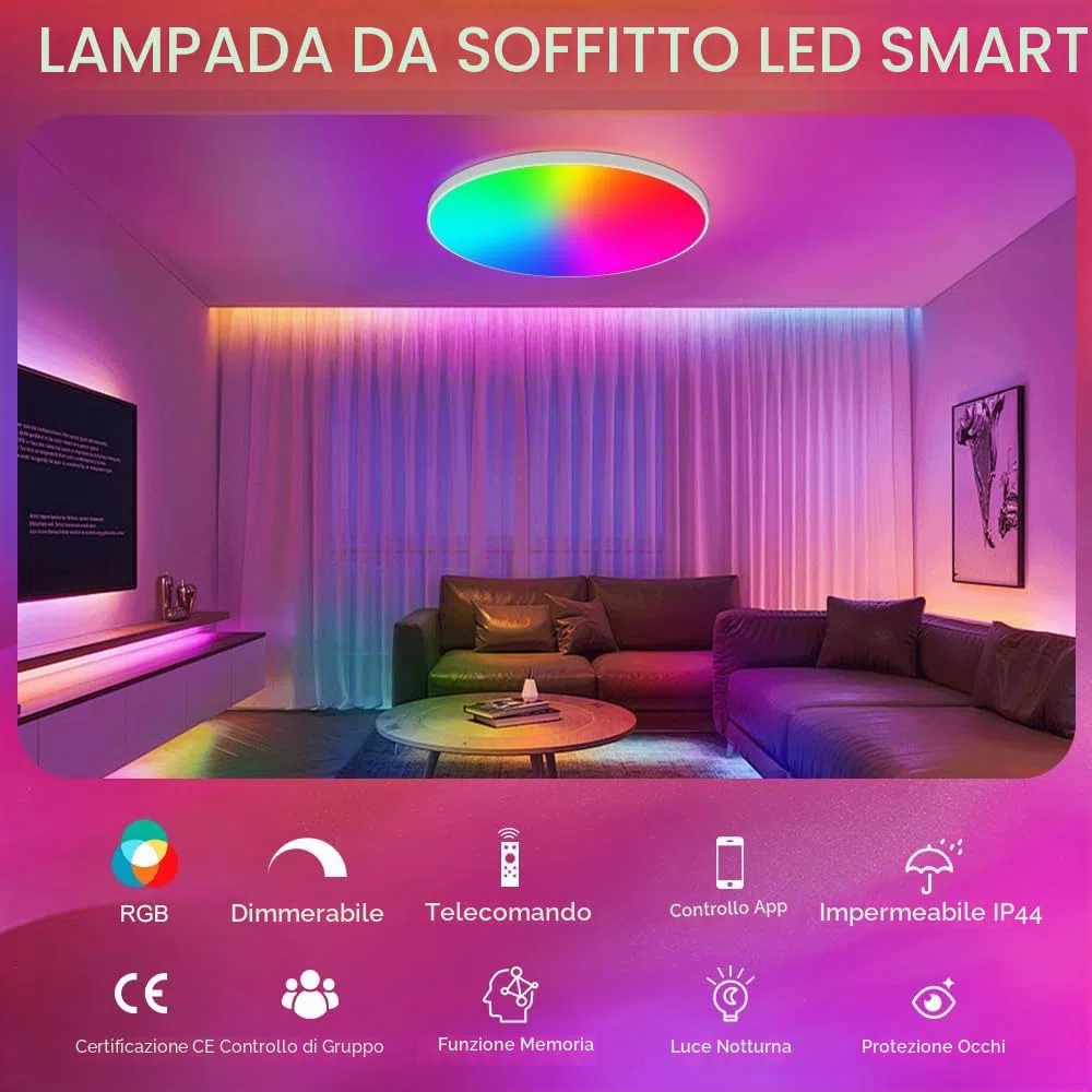 Lampada da Soffitto LED Dimmerabile con Telecomando, 24W RGB Plafoniera LED Colore IP44 Impermeabile, Controllo Intelligente tramite App Alexa Google Home, per Camera, Cucina, Salone, Bagno