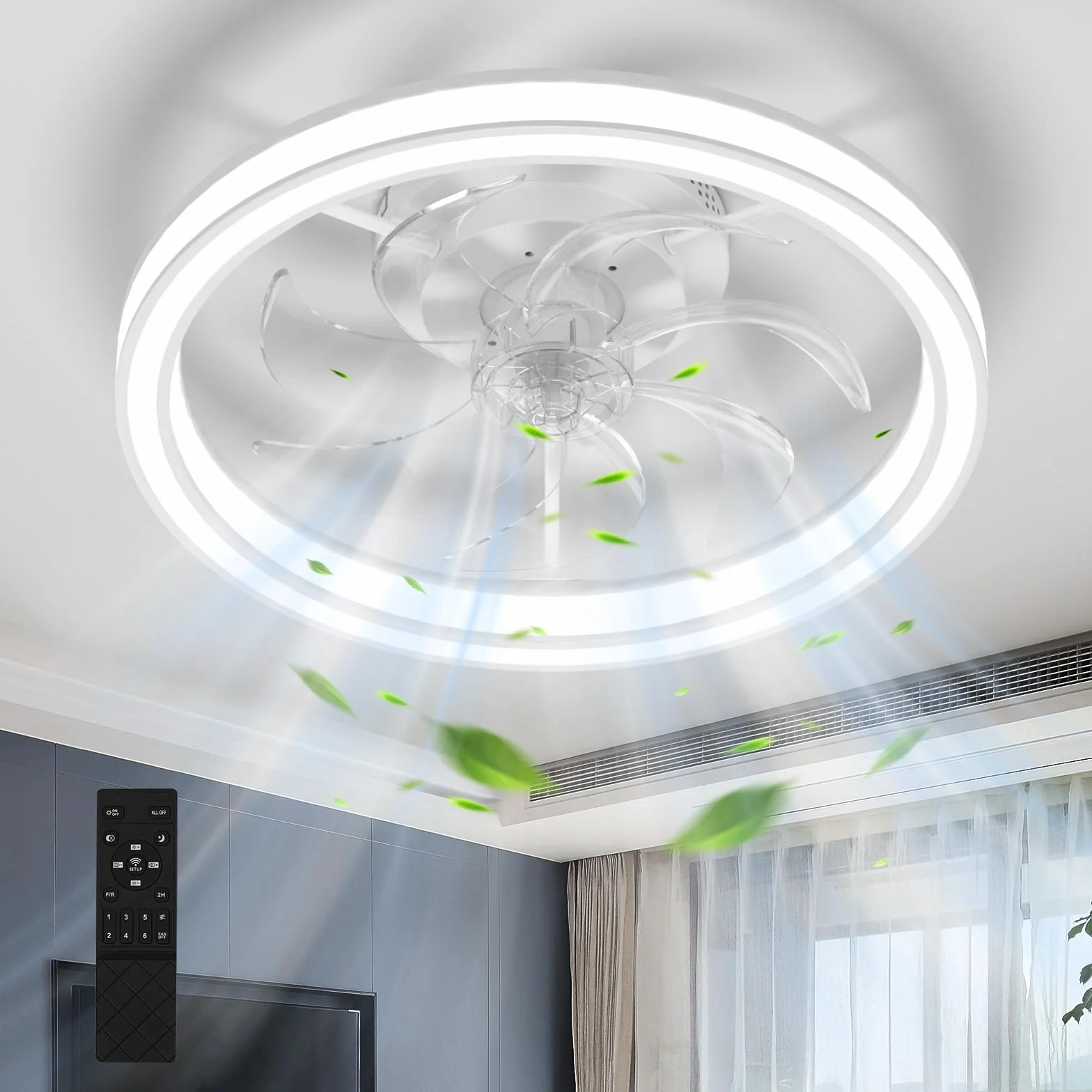 Ventilatore da Soffitto con Luce 48CM, 6 Velocità con Telecomando, Lampada Ventilatore da Soffitto Reversibile, Timer, 7 Pale, Estate/Inverno, Soffitto Camera da Letto, Cucina (Bianco)