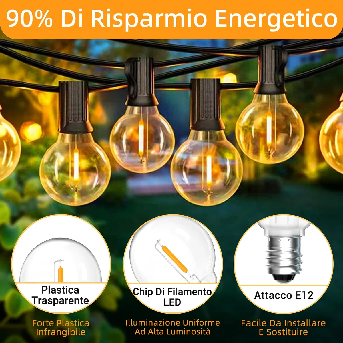 25 Pezzi Lampadina LED G40 E12 1W Esterno Ricambi, Bianco Caldo 2700K, 100LM, G40 LED Filamento Lampadina, Impermeabili IP54, Non Dimmerabile, per stringhe luminose Illuminazione interna ed esterna
