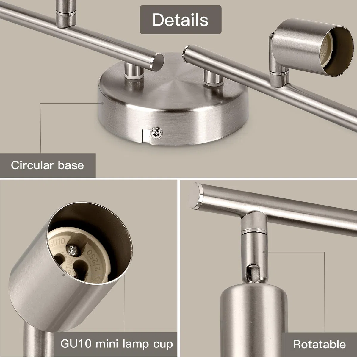 Ketom Binario Faretti Soffitto Orientabile 4 Luci, GU10 Faretto da Soffitto LED Industriale Nichel, Faretti da Parete Interno Moderno per Camera da Letto, Cucina, Soggiorno, Senza Lampadina
