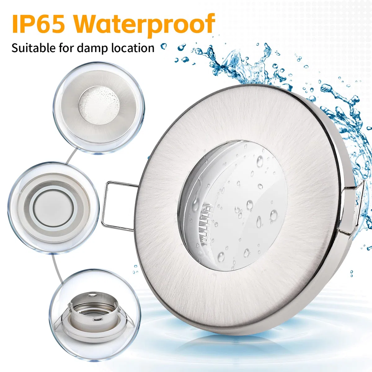 GeyouLux 4x Faretti LED da incasso IP65 cornice con presa GU10 Faretti LED Soffitto in ferro Nichel spazzolato Foro da 68mm Faretti da incasso per cartongesso bagno cucina Rotondo