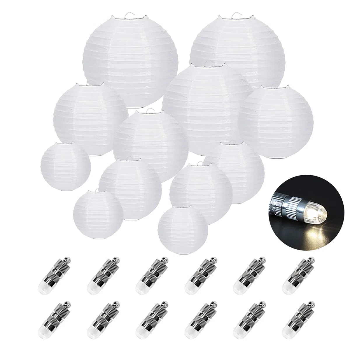 12 lanterne di carta bianca (diverse dimensioni) con 12 mini palloncini a LED bianco caldo, rotondo, paralume di carta, decorazione per il matrimonio