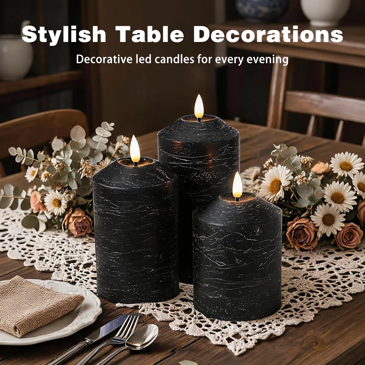 Candele LED Senza Fiamma set 3,Real Wax Pilastro, Candela a Batteria Senza Fiamma con Timer e Telecomando Candele LED per festa, decorazione abitativa, campeggio, matrimoni (Nero)