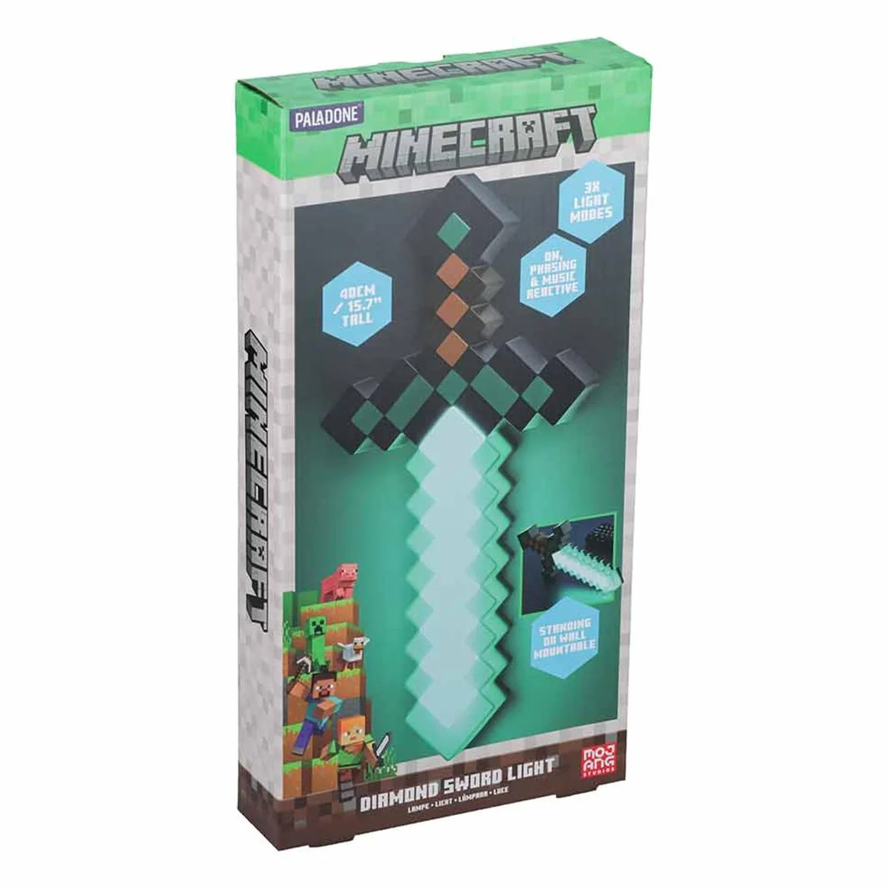 Luce Spada di Diamante Minecraft Merchandise Ufficiale, 3 Modalità di Luce Dinamica con Reazione al Suono, Decorazione per Stanza di Gioco & Collezionabile, Alimentata a USB o Batterie