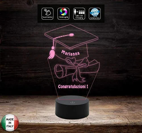 Generico Idea Regalo Laurea Lampada LED 7 Colori Tocco Personalizzabile con Nome da Scrivania in Acrilico e ABS