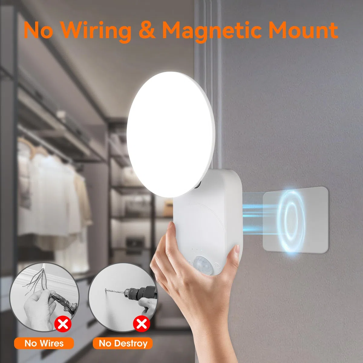 Lampada da parete ricaricabile con sensore di movimento con telecomando, luci da parete wireless magnetiche con angolo regolabile, luce da parete con sensore di movimento a batteria, per capannone