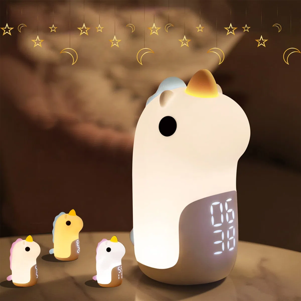 Unicorno Sveglia da Comodino con Luce Notturna Bambini, 3 Colori Dimmerabile Lampada Notturna Ricaricabile, in Silicone, Bel Regalo di Compleanno di Natale per Neonato, Bambina, Blu
