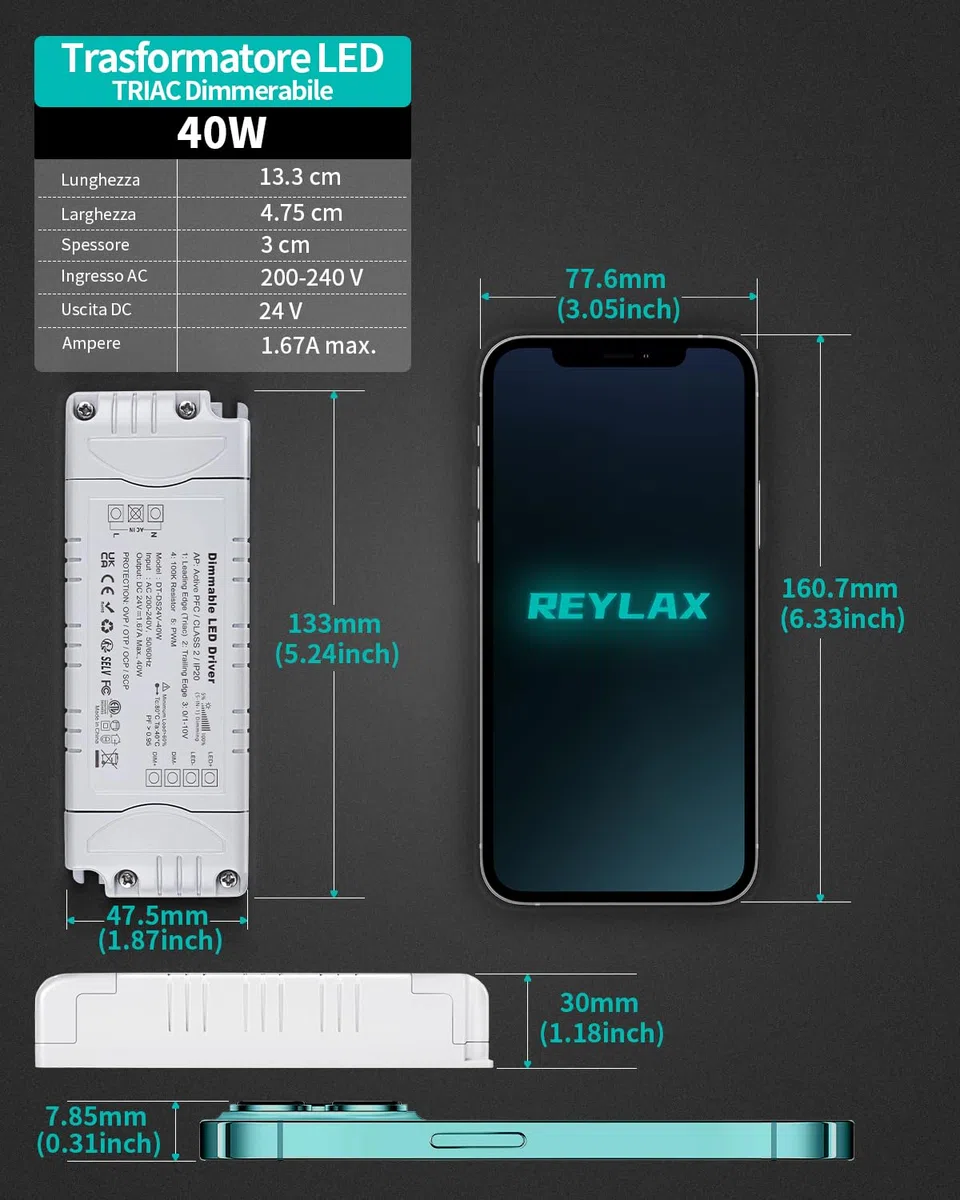 REYLAX Trasformatore LED 24V 40W 1.67A Dimmerabile Triac & 0/1-10V, Alimentatore 24 Volt di Tensione Costante Driver LED AC 220V to DC Trasformatori di Bassa Tensione
