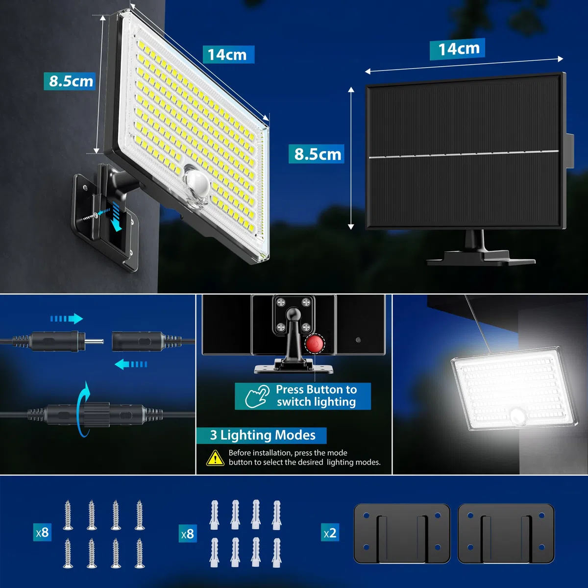 Luci Solari da Giardino, Faretto Led da Esterno Solare con Sensore di Movimento, Luce Solare Led Esterno con 4 Modes 8500K IP65 Impermeabile, 2 Pezzi