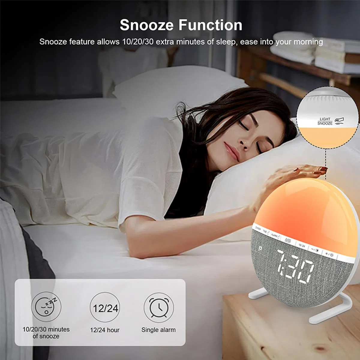 GOMETY Sveglia digitale con sorgente del sole, sveglia digitale con snooze, 7 suonerie, 9 colori, luce notturna, sveglia Sunrise, per camera da letto, bambini e adulti, bianco caldo
