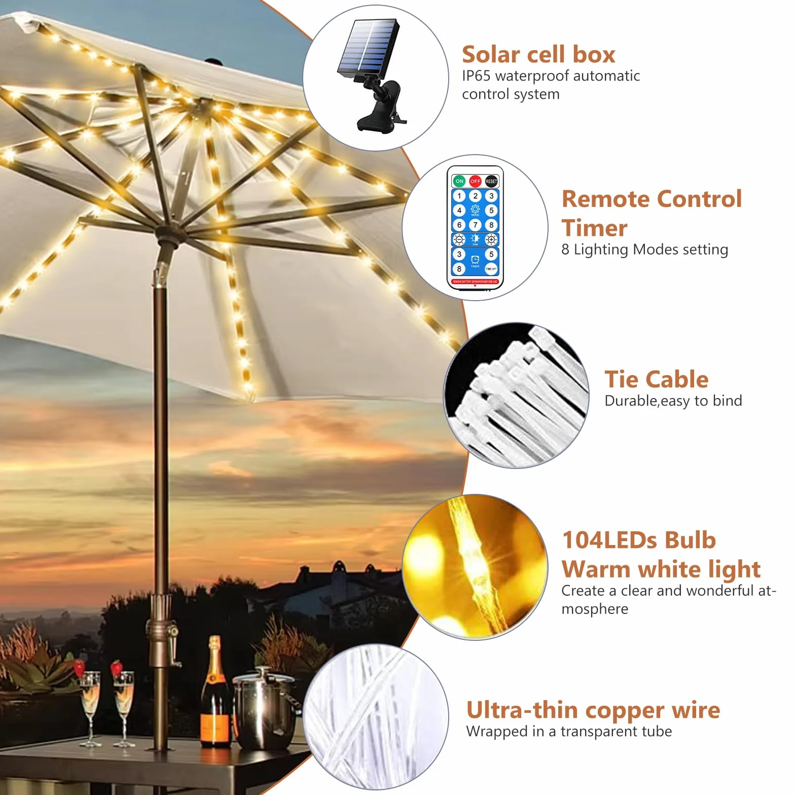Illuminazione per ombrellone, illuminazione solare con telecomando, 104 LED, 8 modalità, luci a LED per ombrellone, impermeabile, per tende da campeggio, per interni ed esterni